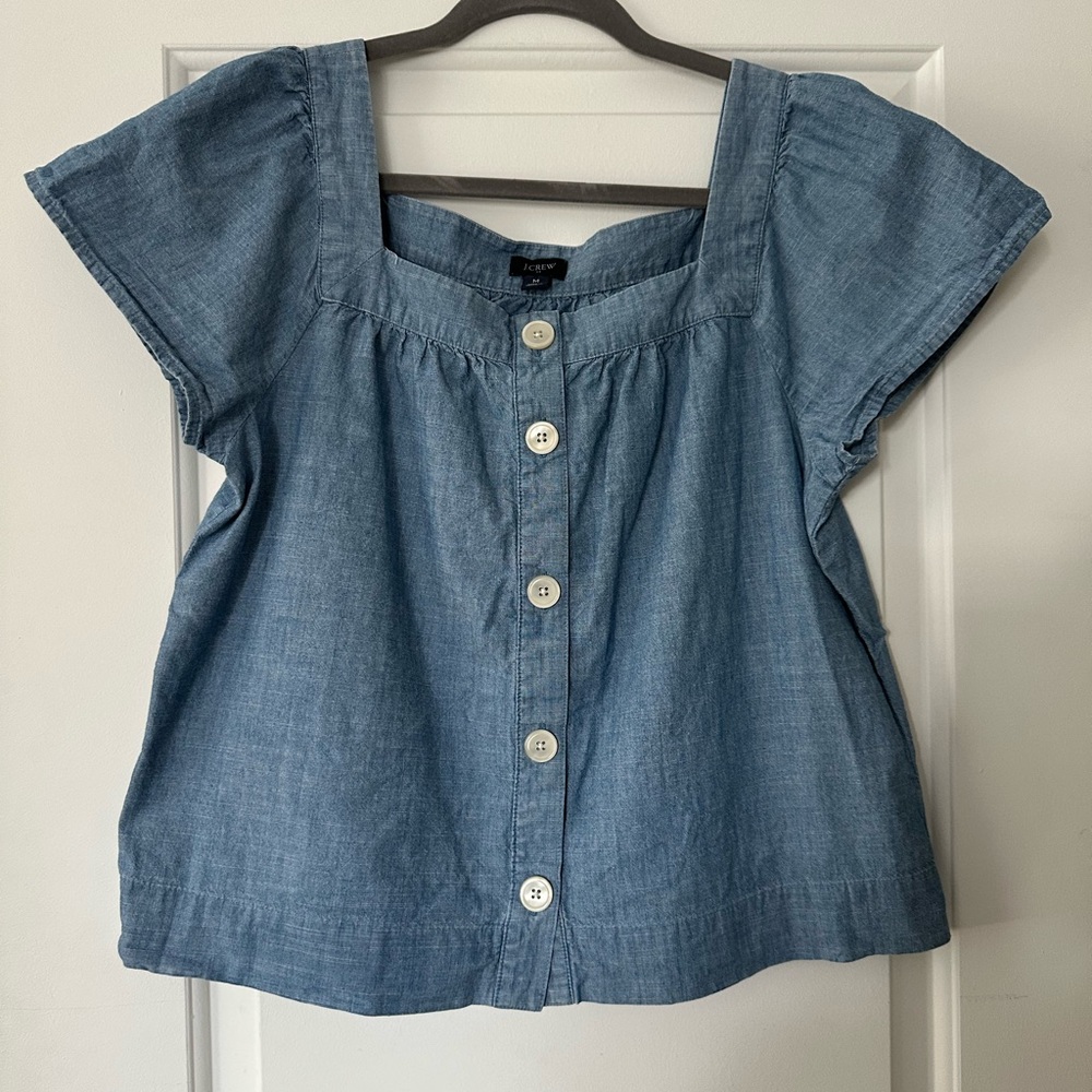 J.Crew Factory Square-neck button-front chambray top. Size M